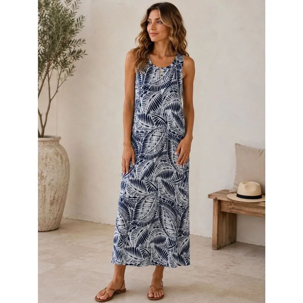 Tahari Linen A-line Blue And White Leaf Print Maxi Dress Size S
